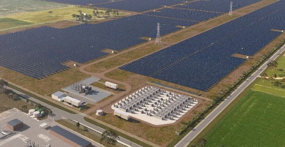 Battery storage next to a solar farm — illustrative example